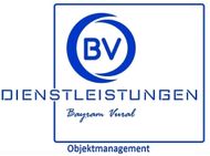 Logo: Blauer Kreis mit „BV“ darin, umgeben von einem quadratischen Rahmen, darunter der Text „DIENSTLEISTUNGEN“, darunter der Text „Bayram Vural“.